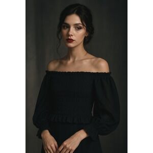 H&M Womens Top M Black Smocked Long Sleeve Off Shoulder Dark Romantic Whimsigoth